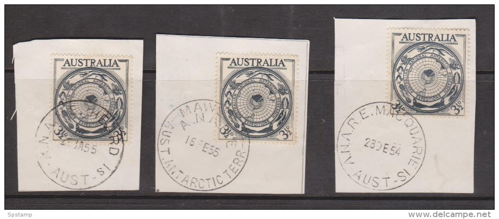 Australian Antarctic Territory 1954 3 & 1/2d Map Issue Of Australia - 3 FU On Piece , Base Cancels - Unused Stamps