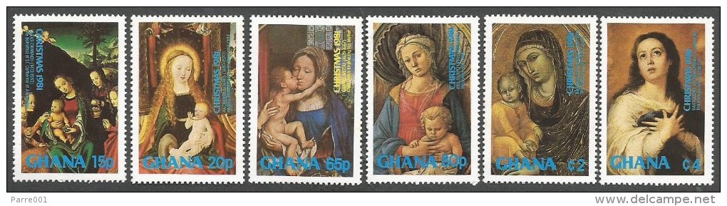 Ghana 1981 Christmas Madonna Lucas Cranach Metsu Lippi Murillo Hans Memling Painting Michel 909-14 Mint Set - Ghana (1957-...)