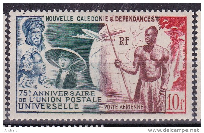 1949 New Caledonia , Nouvelle Caledonie - 75 Years UPU 1v., Map, Indigene, Plane  YT PA 64 Mi 348 MLH - UPU (Unión Postal Universal)