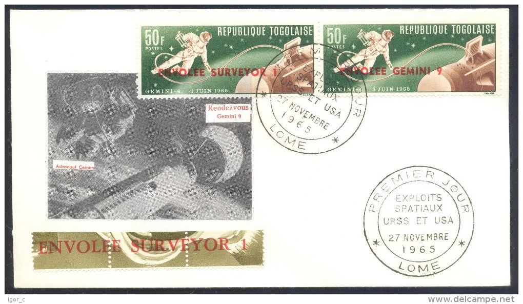 Togo 1965 FDC Cover: Space Weltraum; Space Walk Stamps; Overpint Surveyor 1; Gemini 9; Astronaut Cernan Space Walk - Afrika