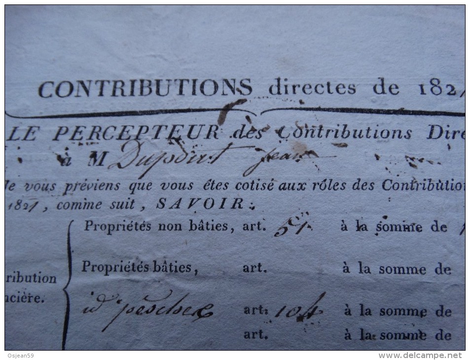Contributions Directes De 1821 De Mr Dupont Jean à Gonrieux - Documents Historiques