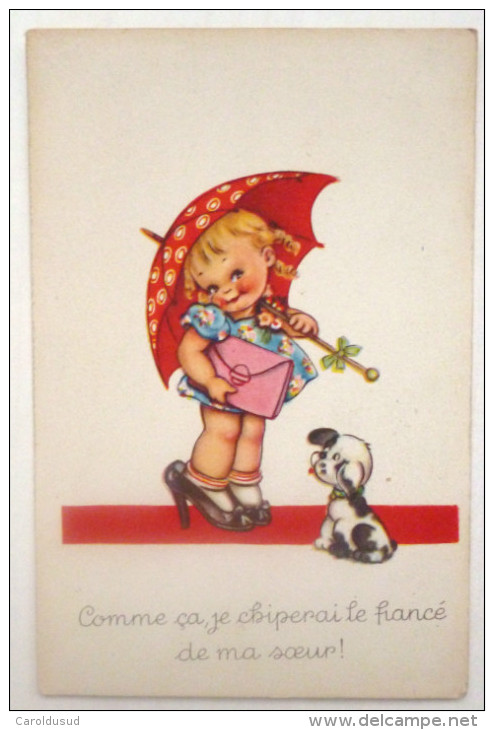 Cp Litho Humour Illustrateur Willi Scheuermann Enfant FILLE Parapluie Talons Et Chien Chiperai Fiance Soeur 1956 - Scheuermann, Willi