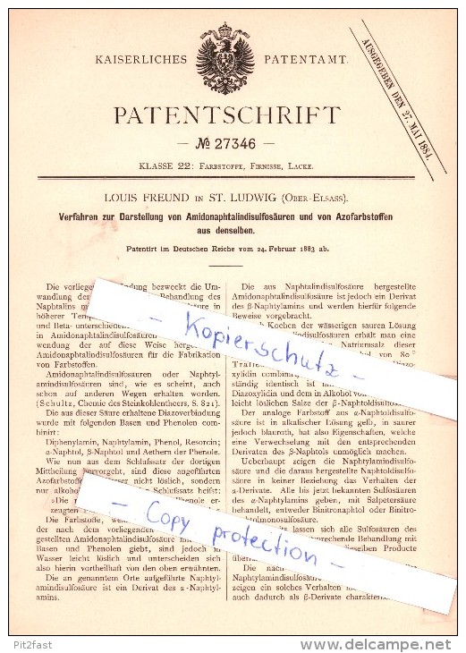 Original Patent  - L. Freund à Sankt Ludwig / Saint-Louis  , 1883 , Représentation De L'acide , Chimie !!! - Saint Louis