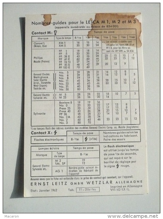 Table Des Nombres Guides Pour Les PHOTOGRAPHIES Au Flash Avec Les Appareils LEICA, Janvier 1962 - Matériel Et Accessoires