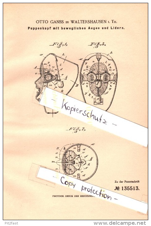 Original Patent  - Otto Ganss In Waltershausen I. Th. , 1901 , Puppenkopf Mit Beweglichen Augen , Puppen , Puppe !!! - Puppen