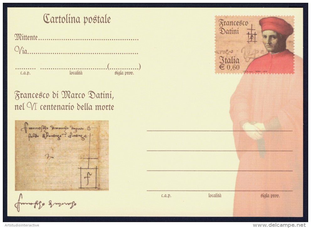 2010 ITALIA REPUBBLICA "FRANCESCO DATINI" CARTOLINA POSTALE - Interi Postali