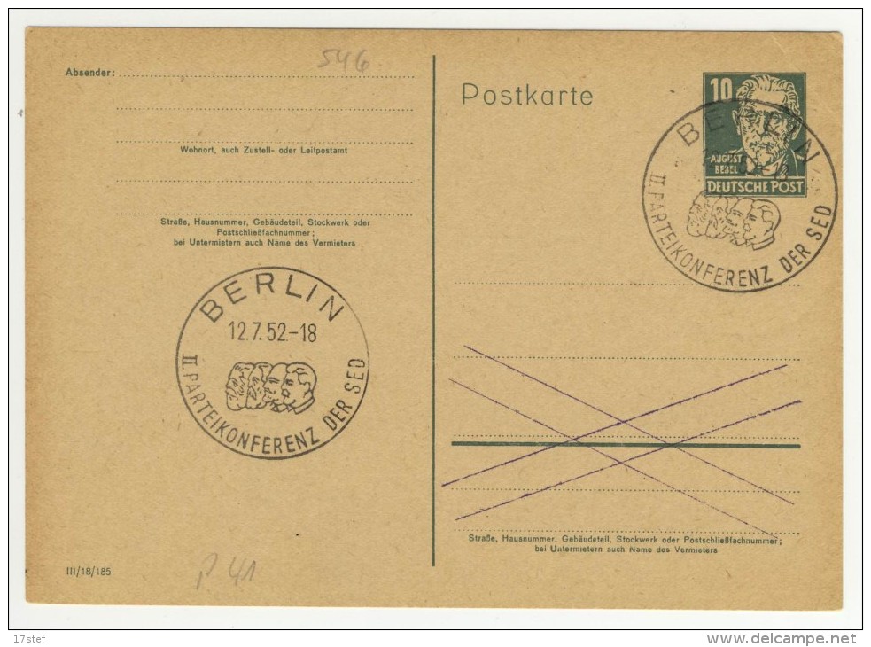 ALLEMAGNE GERMANY DEUTSCHLAND - 1952 - BERLIN Entier Postal - Postal Stationary - Ganzsachen - Briefe U. Dokumente