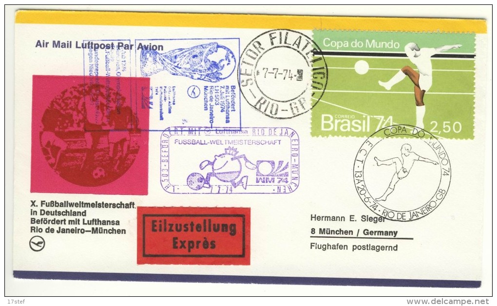 BRESIL BRASIL BRAZIL - 1974 - Fussballweltmeister Coupe De Monde De Football Wold Cup - Befordert Mit Lufthansa - Covers & Documents