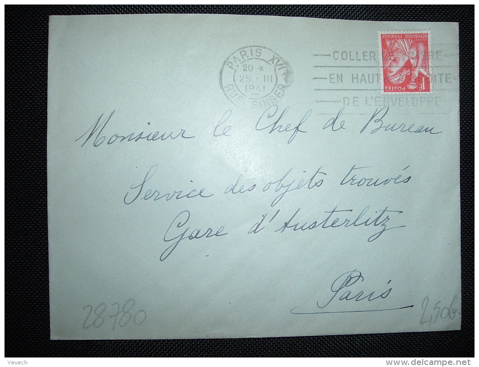LETTRE TP IRIS 1F OBL.MEC.29 III 1941 PARIS XVI (75) COLLER LE TIMBRE EN HAUT &amp; A DROITE DE L'ENVELOPPE - 1939-44 Iris