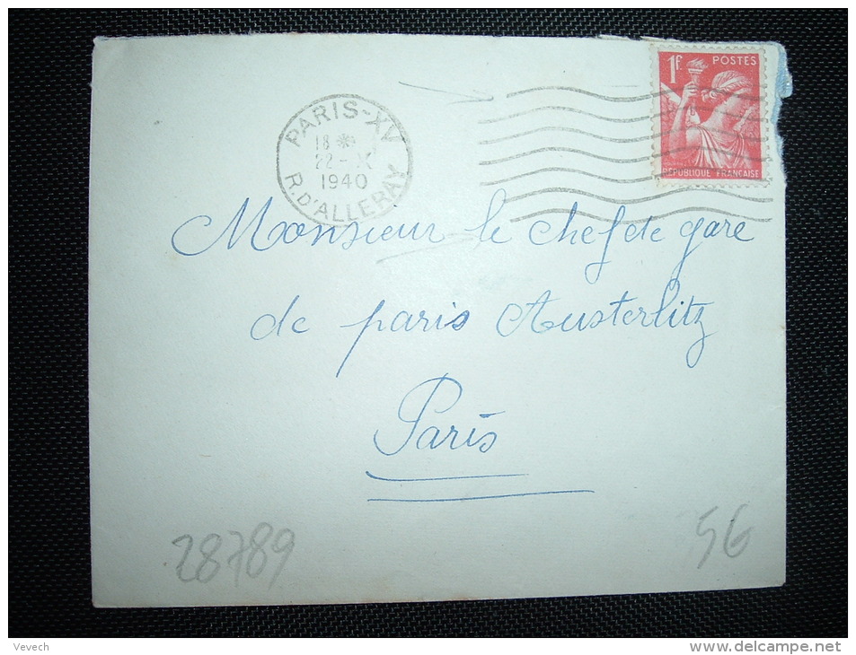 LETTRE TP IRIS 1F OBL.MEC.22 X 1940 PARIS-XV (75) - Guerre De 1939-45