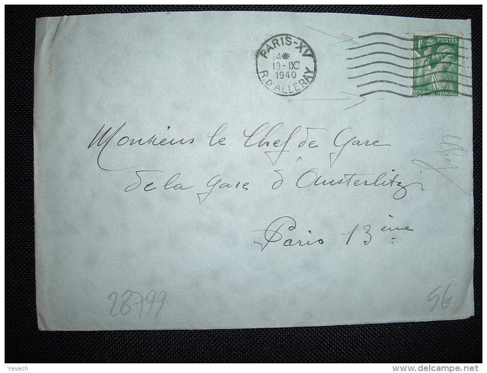 LETTRE TP IRIS 1F OBL.MEC.19 IX 1940 PARIS-XV (75) - 1939-44 Iris