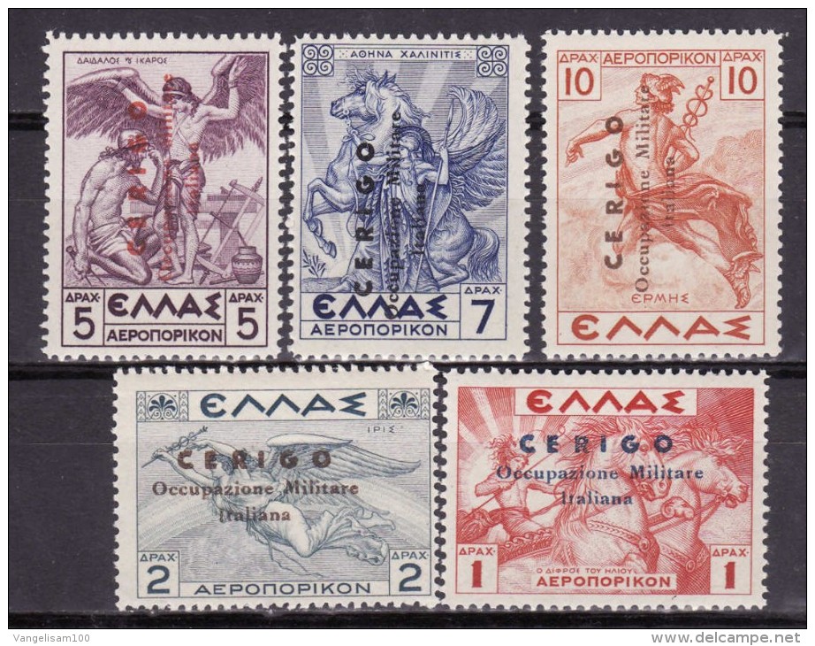 GREECE 1941-43 ITALY WW2 CERIGO Vlastos#U9-U13 Italian Occ. Of Ionian Isl AIRMAIL, Compl Set Of 5 Stamps, VERY RARE MNH - Ionian Islands