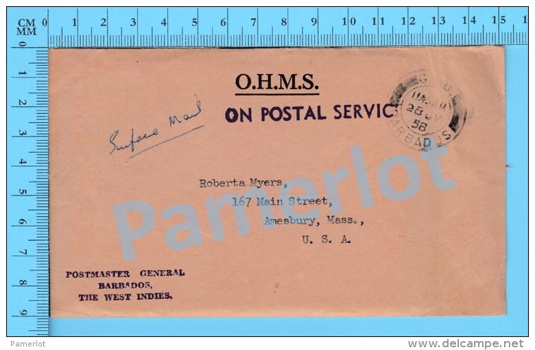 Barbados West Indies ( OHMS 1958 Cover, Postmaster General To Amesbury Mass ) Recto/Verso - Barbades (1966-...)