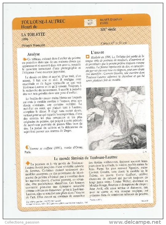 Image , 22 X 16, Peinture , Toulouse Lautrec , La Toilette  ,2 Scans , Fiche Descriptive, Frais Fr : 1.90€ - Sonstige & Ohne Zuordnung