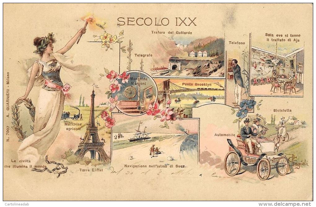 [DC5152] CARTOLINA - RARA - SECOLO IXX INVENZIONI E COSTRUZIONI DEL SECOLO ILL. GAGIOLI - Viaggiata 1900 - Old Postcard - History
