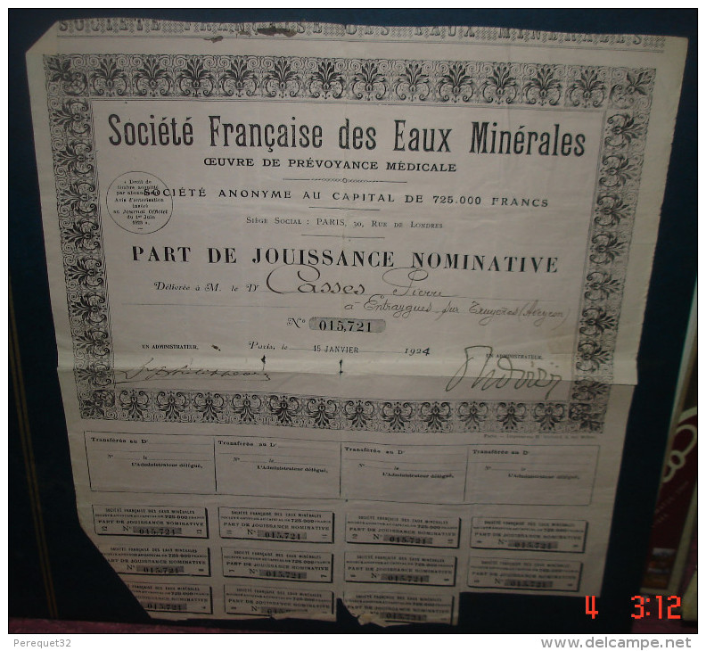 Societe Francaise Des Eaux Minérales.Part De Jouissance Nominative - Acqua