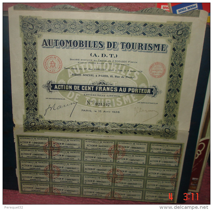 AUTOMOBILES DE TOURISME.A.D.T.Action De Cent Francs Au Porteur - Automobilismo