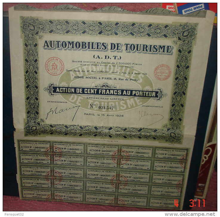 AUTOMOBILES DE TOURISME.A.D.T.Action De Cent Francs Au Porteur - Automovilismo