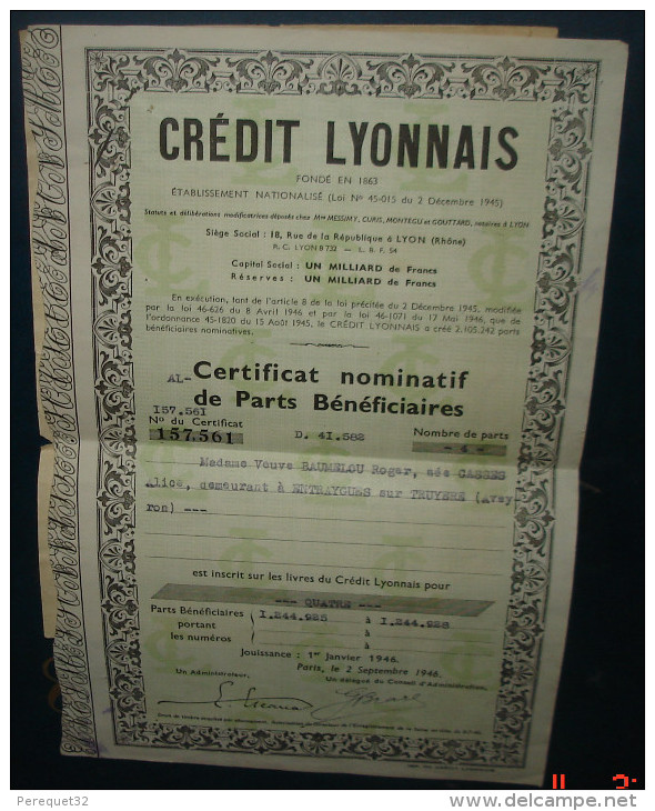 CREDIT LYONNAIS.Certificat Nominatif De Parts Bénéficiaires - Bank En Verzekering