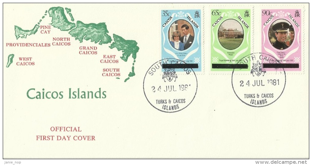 Caicos Islands 1981 Royal Weeding, Postmarked South Caicos, FDC - Turks & Caicos (I. Turques Et Caïques)