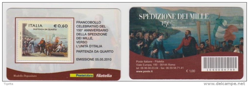 2010 - ITALIA -   4 TESSERE  FILATELICHE   "150° ANNIVERSARIO DELLA SPEDIZIONE DEI MILLE " - Philatelistische Karten