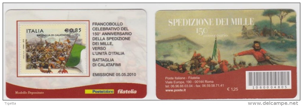 2010 - ITALIA -   4 TESSERE  FILATELICHE   "150° ANNIVERSARIO DELLA SPEDIZIONE DEI MILLE " - Cartes Philatéliques