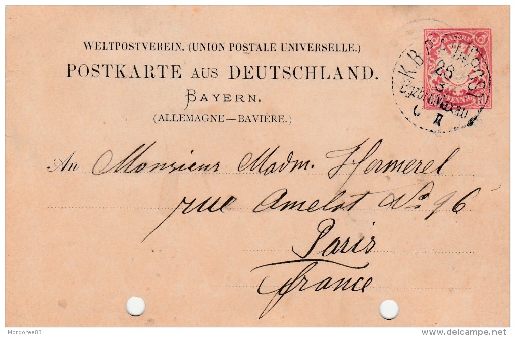 ALLEMAGNE ENTIER 10PF BERGZABERN 26/3/1886 FRANCE PARIS - Otros & Sin Clasificación