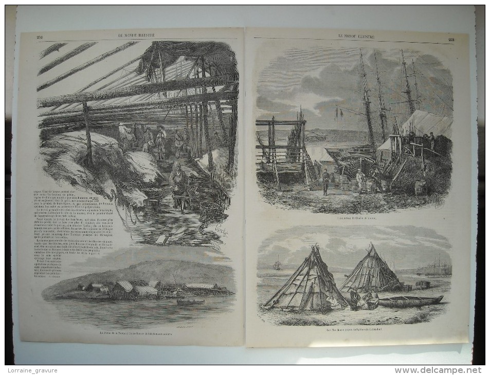 GRAVURE 1858. LA PECHE DE LA MORUE A TERRE-NEUVE. HABITATIONS ET ATELIERS. LES MIC-MACS, TRIBUS INDIGENES DU LABRADOR.. - Prints & Engravings