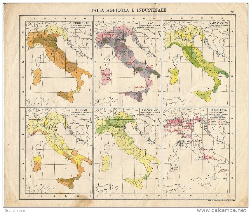 Italia Agricola E Industriale, Frumento, Uva, Olio D'Oliva, Agrumi, Sericoltura, Industria. - Landkarten