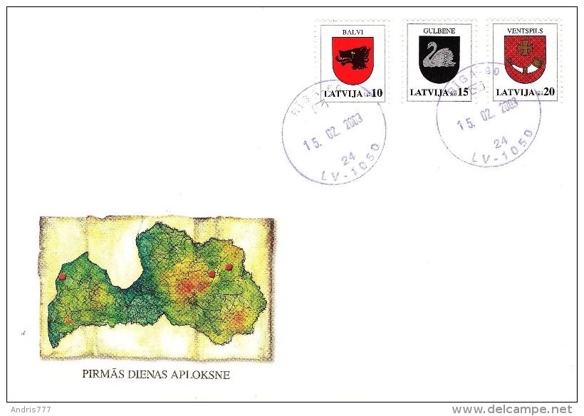 Latvia Lettland Lettonie 2003 (02) Coat Of Arms - Balvi, Gulbene, Ventspils (unaddressed FDC) - Letonia