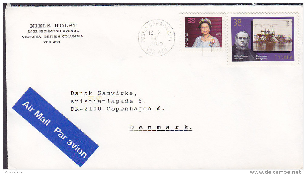 Canada Airmail Par Avion Label 1989 Cover Lettre To Denmark William Notman Stamp Canadian Wildlife Federation Bluebird - Luchtpost