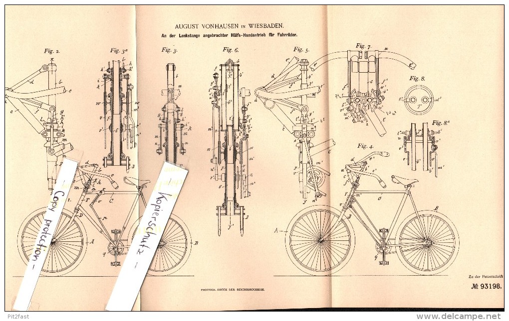 Original Patent - August Vonhausen In Wiesbaden , 1896 , Hilfs-Handantrieb Für Fahrräder , Fahrrad , Bicycle !!! - Sonstige & Ohne Zuordnung