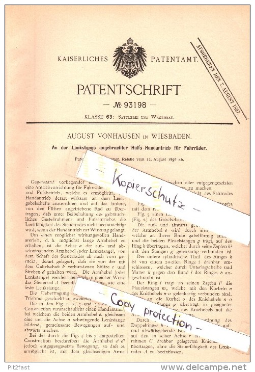 Original Patent - August Vonhausen In Wiesbaden , 1896 , Hilfs-Handantrieb Für Fahrräder , Fahrrad , Bicycle !!! - Sonstige & Ohne Zuordnung