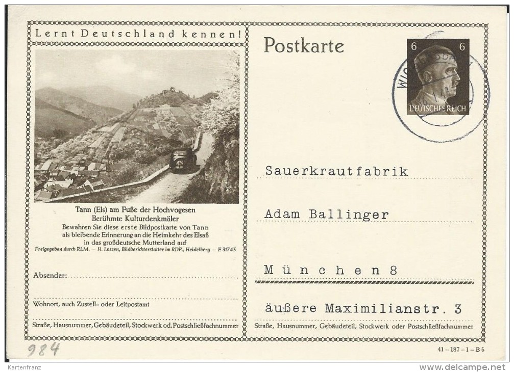 * DR BPK Ganzsache Bildpostkarte P304 Tann Elsaß Vogesen 41-187-1-B5 O PP Sauerkrautfabrik Ballinger Privatpostkarte - Other & Unclassified