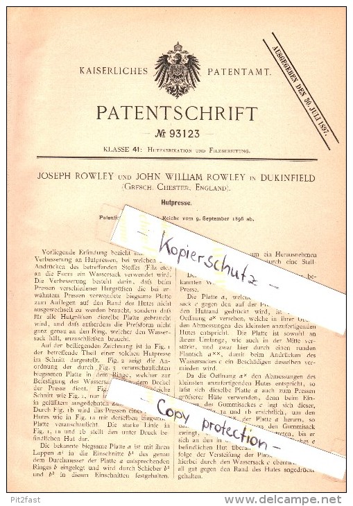 Original Patentschrift - J. Rowley In Dukinfield , Chester , 1896 , Hydraulic Press For Hats , Hat , Felt !!! - Historische Documenten