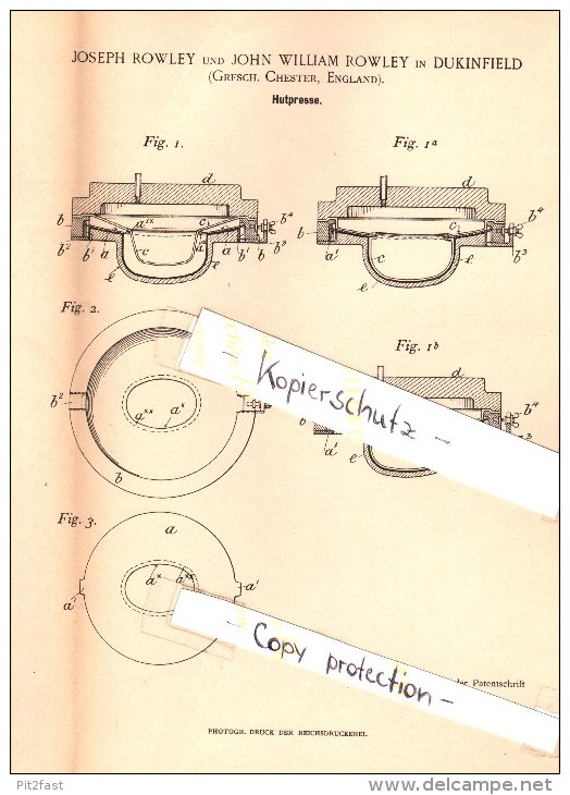 Original Patentschrift - J. Rowley In Dukinfield , Chester , 1896 , Hydraulic Press For Hats , Hat , Felt !!! - Historische Documenten