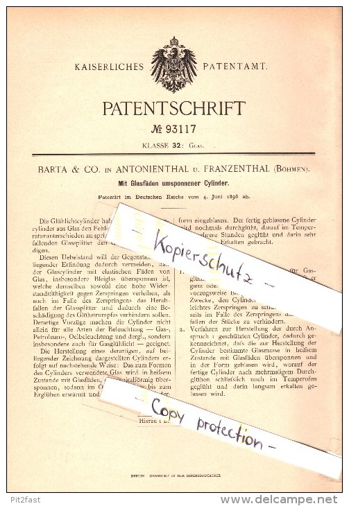 Original Patent - Barta & Co In Antonienthal Und Franzenthal ,1896, Glas - Cylinder , Jihlava , Frantiskov Nad Ploucnici - Glas & Kristall