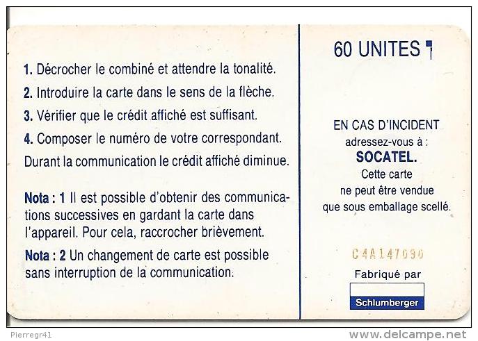 CARTE-PUCE-CENTRE AFRIQUE-60U-SC7-SOCATEL-BLEU-V°Logo En Haut A Coté 60U-N°Rge C4A147090-TBE - Repubblica Centroafricana