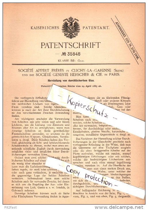 Original Patent - Société Geneste Herscher & Cie à Clichy La Garenne Et Paris , 1885 , Fabrication De Verre Perforé !!! - Glas & Kristall