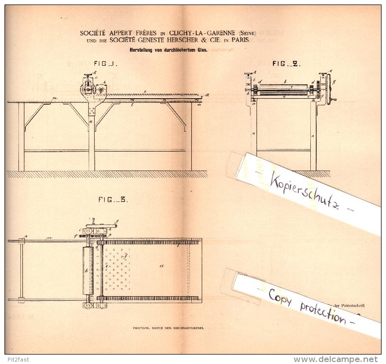 Original Patent - Société Geneste Herscher & Cie à Clichy La Garenne Et Paris , 1885 , Fabrication De Verre Perforé !!! - Glas & Kristall