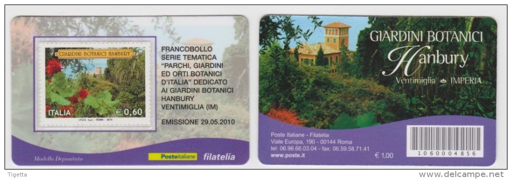 2010 - ITALIA -   TESSERA  FILATELICA   "GIARDINI BOTANICI HAMBURY VENTIMIGLIA" - Cartes Philatéliques