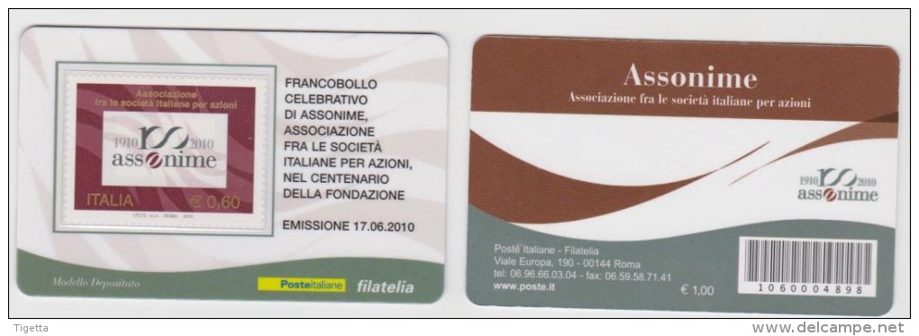 2010 - ITALIA -   TESSERA  FILATELICA   "CENTENARIO DELLA FONDAZIONE FRA LE SOCIETA ITALIANE PER AZIONI ASSONIME" - Philatelistische Karten