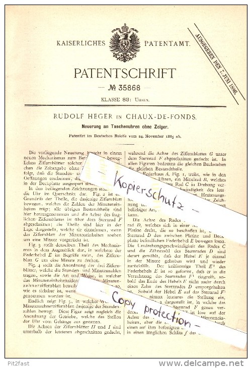 Original Patent - Rudolf Heger à Chaux-de-Fonds , 1885 , Montre De Poche Sans Les Mains !!! - Montres Gousset