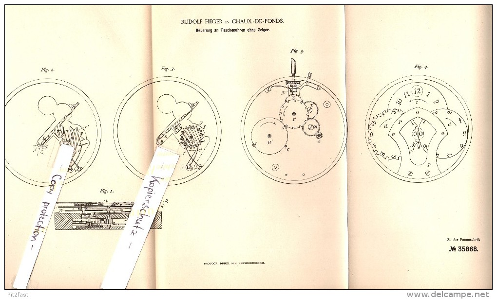 Original Patent - Rudolf Heger à Chaux-de-Fonds , 1885 , Montre De Poche Sans Les Mains !!! - Taschenuhren