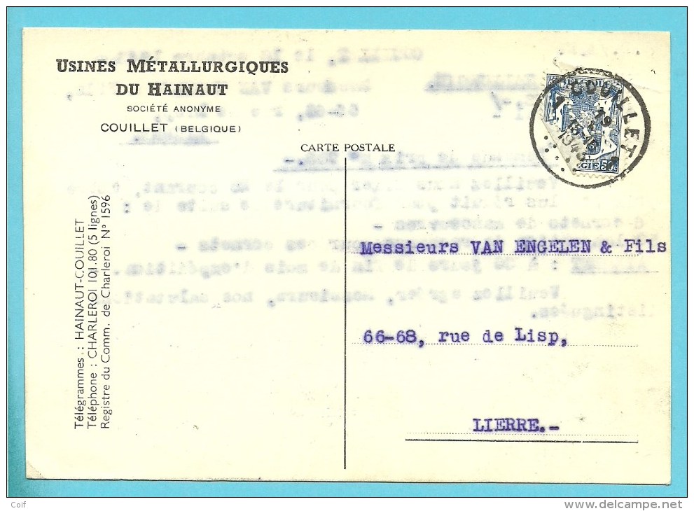 426 Op Kaart Met Firma-perforatie (Perfin / Perfore)  Van Usines Métallurgiques De Hainaut  / Couillet - 1934-51