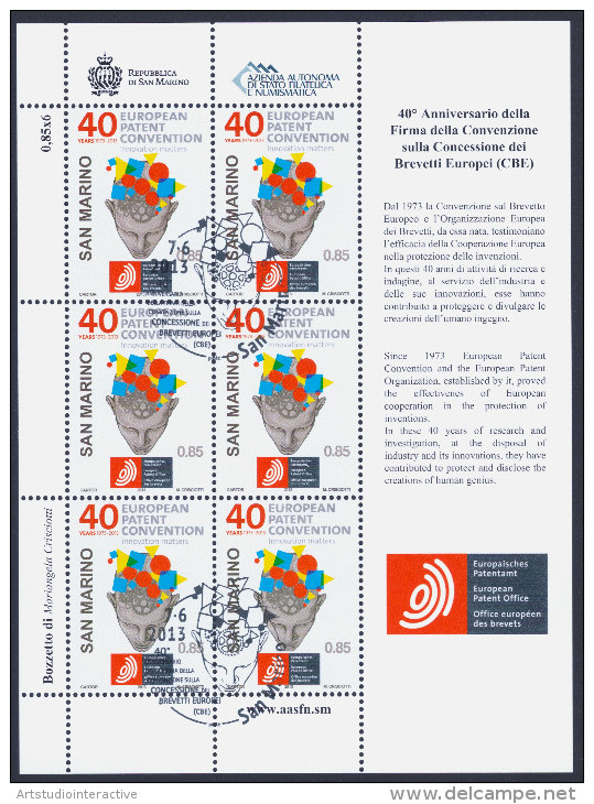 2013 SAN MARINO "40° ANNIVERSARIO FIRMA CONVENZIONE CONCESSIONE BREVETTI EUROPEI (CBE)" MINIFOGLIO ANNULLO PRIMO GIORNO - Used Stamps