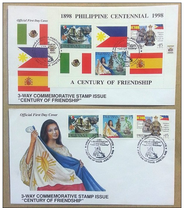 (PHPCOV0235) Philippines, FDC, 1998 Spain And Mexico Diplomatic Relations, Trade Route, Ship, Flags On 2 Cover - Buste