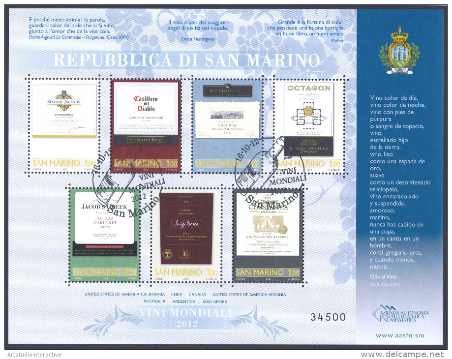 2012 SAN MARINO "VINI NEL MONDO 2012" MINIFOGLIO ANNULLO PRIMO GIORNO - Used Stamps