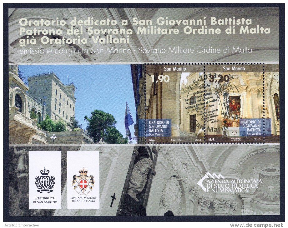 2013 SAN MARINO "ORATORIO SAN GIOVANNI BATTISTA" CONGIUNTA SMOM FOGLIETTO  ANNULLO PRIMO GIORNO - Used Stamps