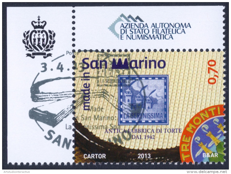2013 SAN MARINO "MADE IN SAN MARINO: LA SERENISSIMA SPA" SINGOLO ANNULLO PRIMO GIONO - Gebruikt